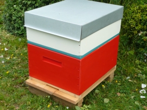 A Rentahive Red brood box with a cream honey box